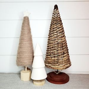 3 Pc Mix & Match Boho Large Wicker, Wool & Wood Christmas Tree Collection